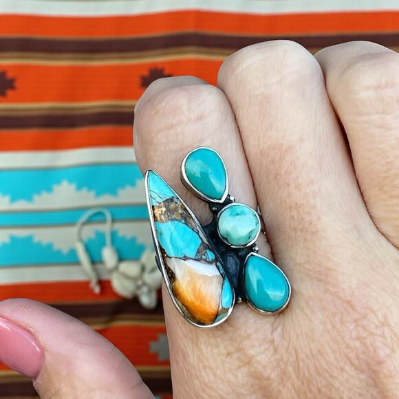 925 Sterling Silver Spiny Oyster & Kingman Turquoise Cluster Statement Ring 9 - Picture 1 of 6